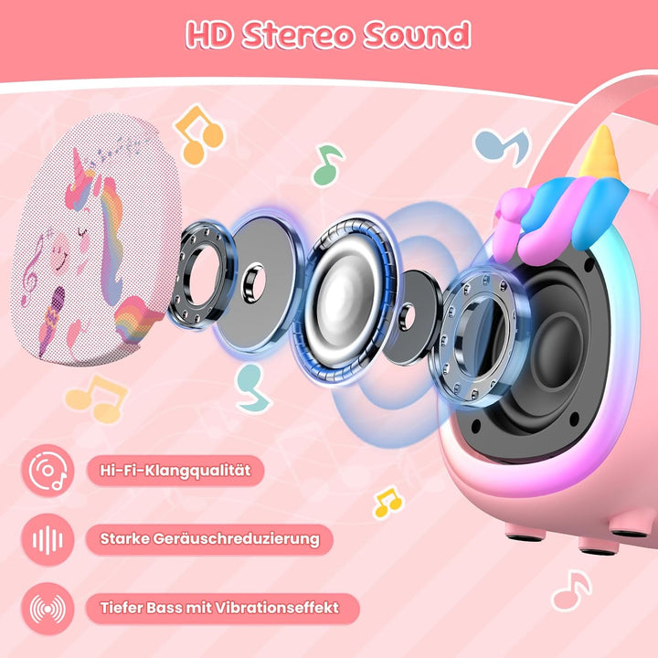 Kinder Karaoke Maschine mit 2 kabellosen Bluetooth Mikrofonen, Kompaktes Einhorn Musikspielzeug mit