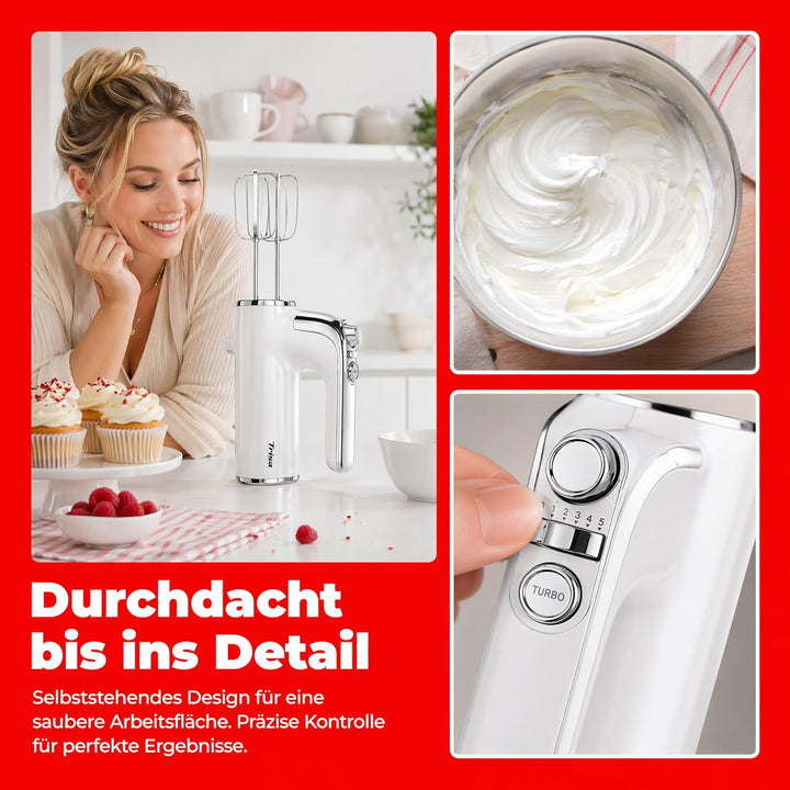 Trisa Handrührgerät - 6 Geschwindigkeiten mit Turbo, Langsamer Start, Chrom-Design, Edelstahl Rührbe