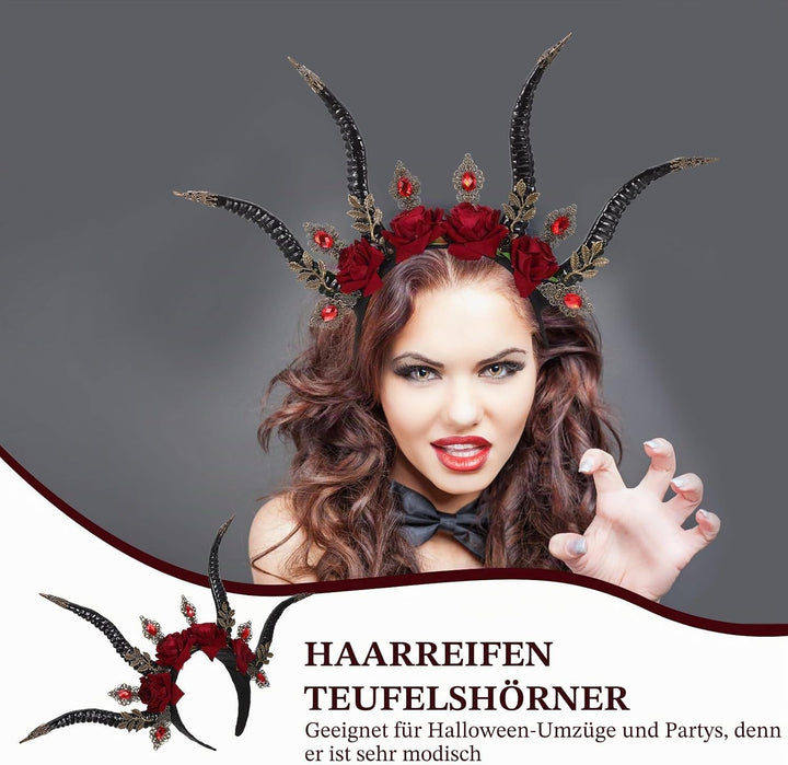 Beavorty Halloween Horn Stirnband Rosen Girlande Gothic Haarband Gothic Dämon Kristall Kopfschmuck W