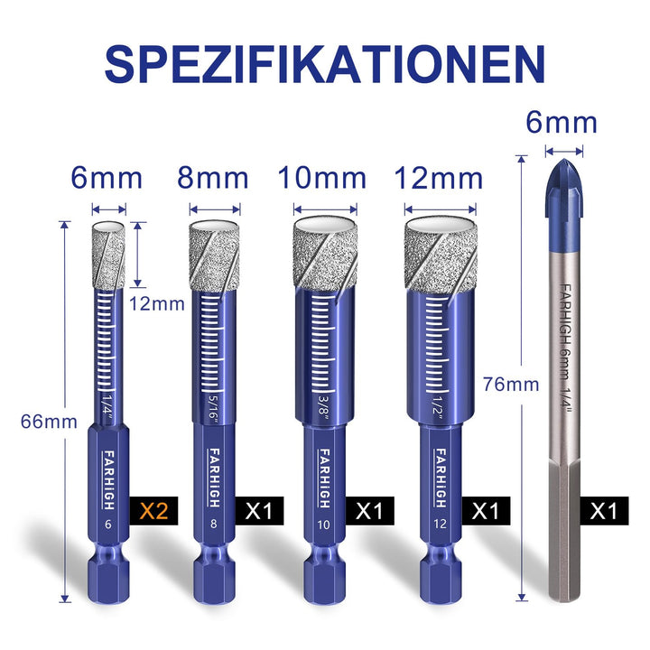 Diamantbohrer Fliesenbohrer Glasbohrer Set 6 tlg. 6, 8, 10, 12mm & 6mm Wolframstahl-Legierungsbohrer