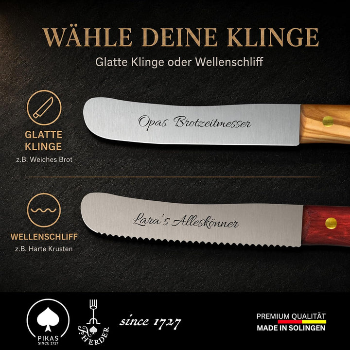 Personalisiertes Frühstücksmesser Solingen mit Holzgriff (Olive, 1x Glattschliff) Olive 1x Glattschl