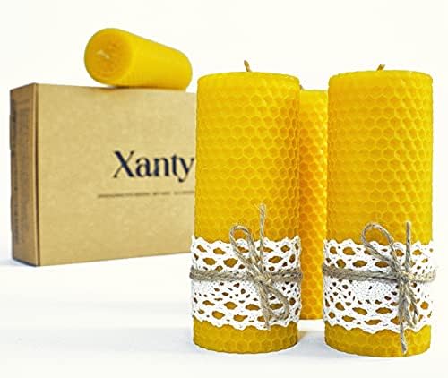 Xanty Bienenwachskerzen (13 cm x 5 cm), 4 Grosse goldene Kerzen aus 100% Bienenwachs, Wabenkerzen, S