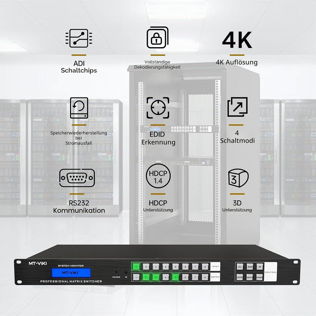MT-VIKI HDMI Matrix Switch 8 in 8 Out Rackmount Splitter & Switch 8x8 mit IR-Fernbedienung RS-232 LA