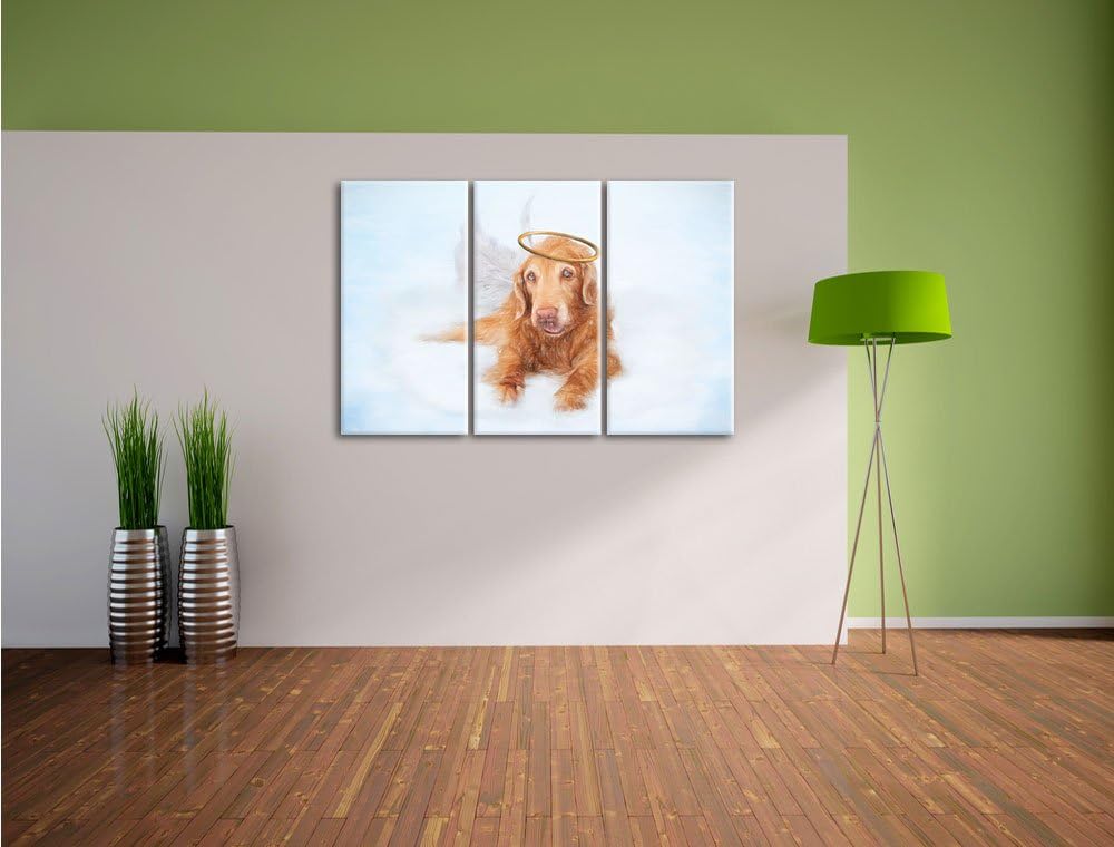 Pixxprint Hundeengel im Himmel / 3-Teilig/Gesamtmass 120cm Leinwandbild bespannt auf Holzrahmen/Wand