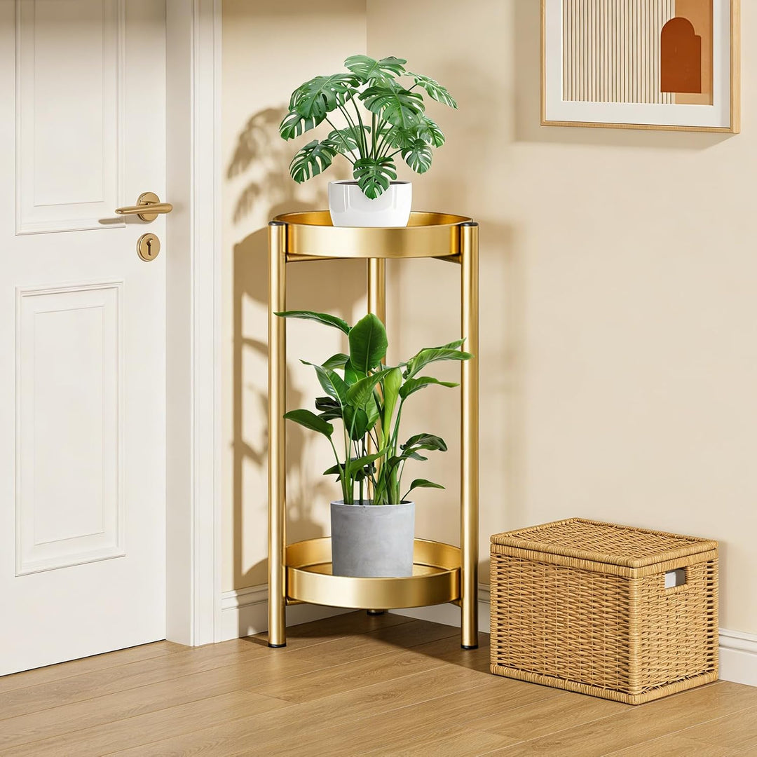 Pflanzenständer Metall 2-Stöckig Blumenständer Gold, Pflanzentisch 60cm | Runder Blumentopfregal für