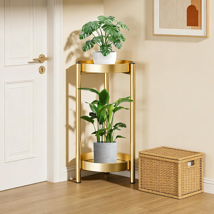 Pflanzenständer Metall 2-Stöckig Blumenständer Gold, Pflanzentisch 60cm | Runder Blumentopfregal für