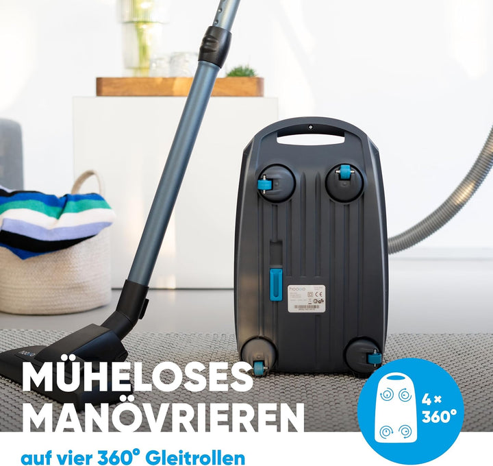 hoogo B3+ anthrazit Staubsauger mit Beutel | Starke 850 W Saugleistung | HEPA 14 Filter | 11m Radius