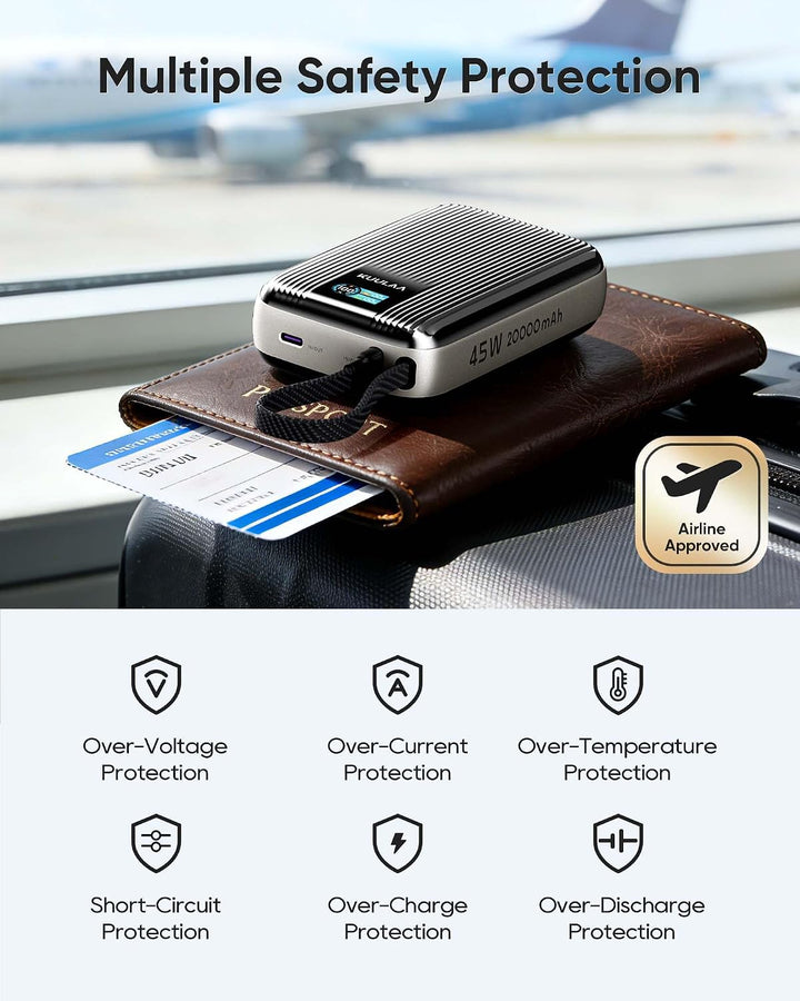 Power Bank 20000mAh, Ultra Klein 45W Schnellladung Powerbank mit Integriertem USB C Kabel &amp; LED Disp