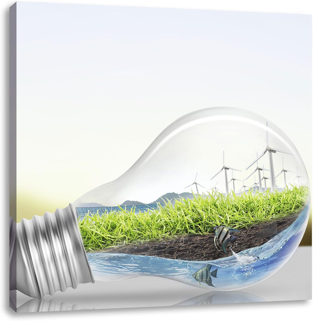 Pixxprint Glühbirne mit Pandabären und Ozean mit Leuchtturm, Format: 70x70 auf Leinwand, 70x70