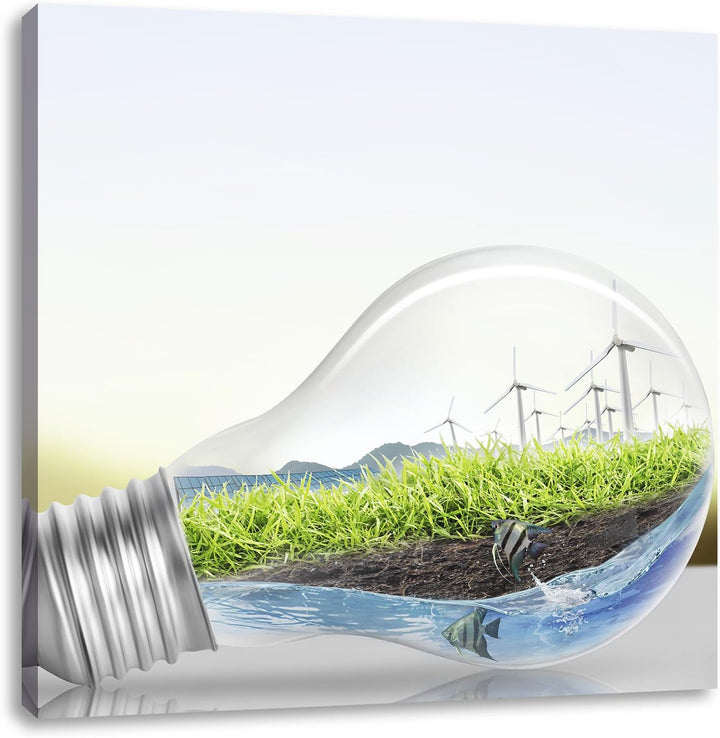 Pixxprint Glühbirne mit Pandabären und Ozean mit Leuchtturm, Format: 70x70 auf Leinwand, 70x70