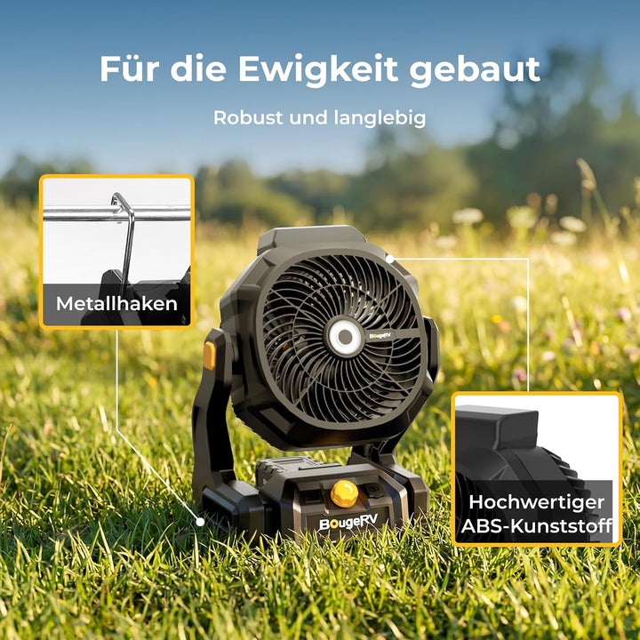 BougeRV F02 Camping Ventilator mit Akku 72 Std. Stufenlos 7,5m/s, AC/DC | 144Wh Akku Laufzeit, Tragb