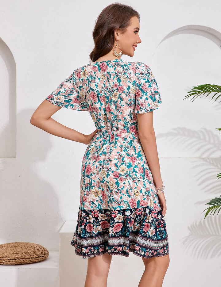 KOJOOIN Damen Sommerkleid Boho Tunika Kleid Kurzarm Minikleider V-Ausschnitt Strandkleid kurz Blumen