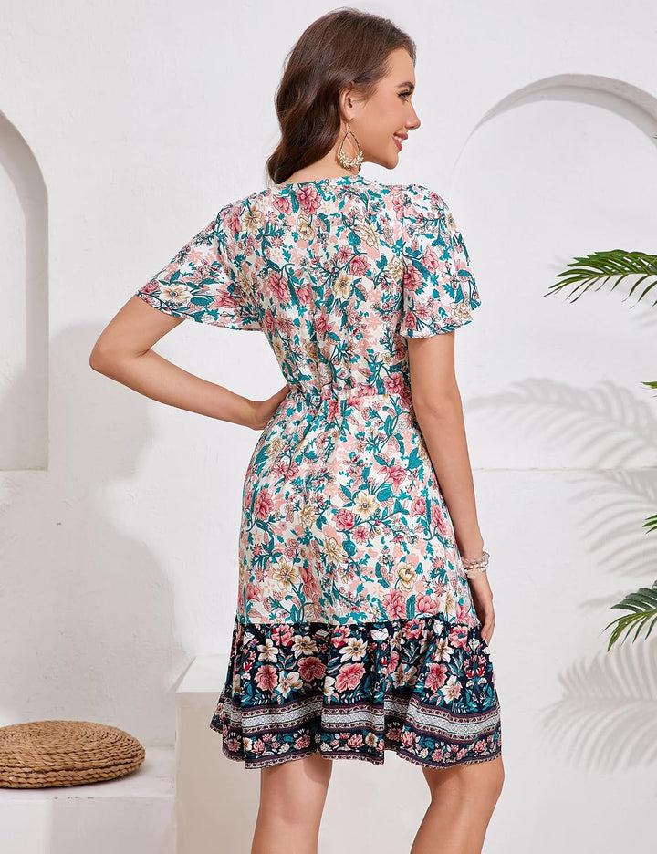 KOJOOIN Damen Sommerkleid Boho Tunika Kleid Kurzarm Minikleider V-Ausschnitt Strandkleid kurz Blumen