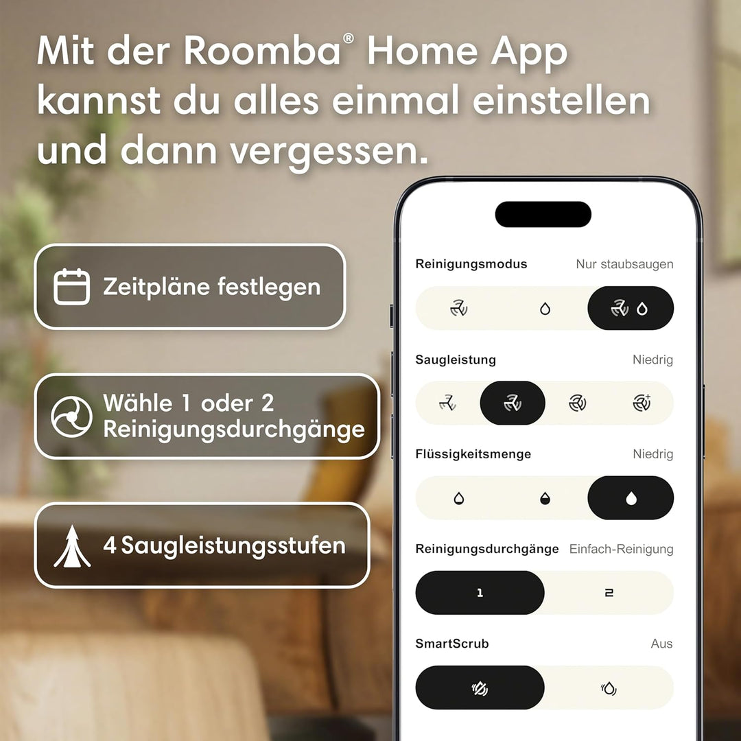 iRobot Roomba® 115 Combo Saug- und Wischroboter, 15k Pa Saugleistung, Bürsten und Wischpad reichen,