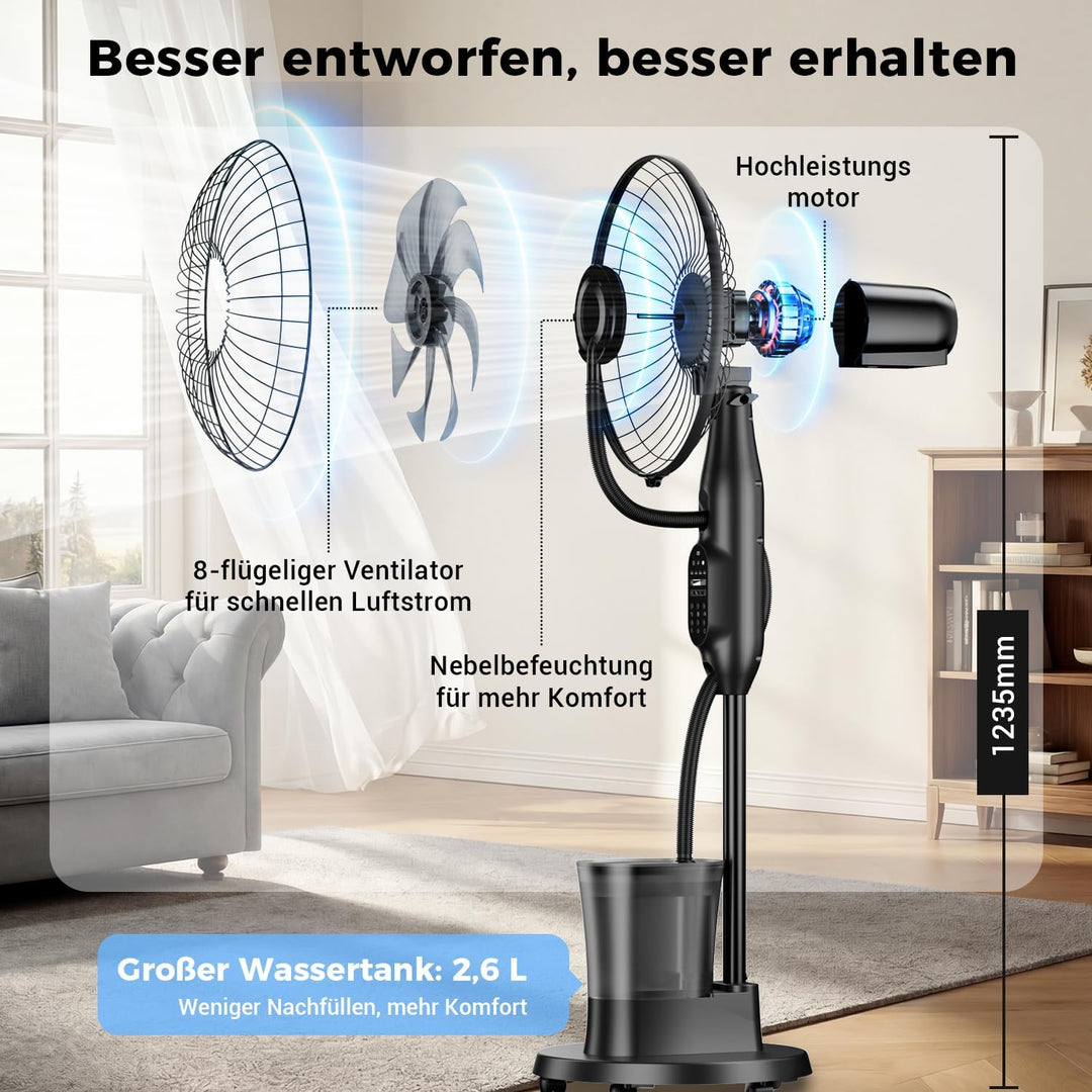 NebulaFlow Mist Fans Standventilator mit Wassersprüher, 3-in-1-Kühlung & Befeuchtung, Oszillierender
