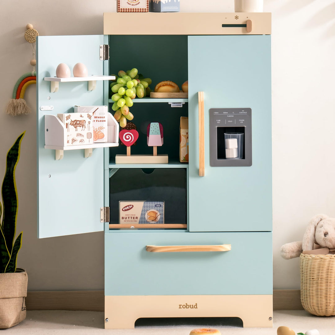 ROBUD Kühlschrank aus Holz - Realistisch und interaktiv mit Eiswürfelbereiter und Lebensmittel-Spiel