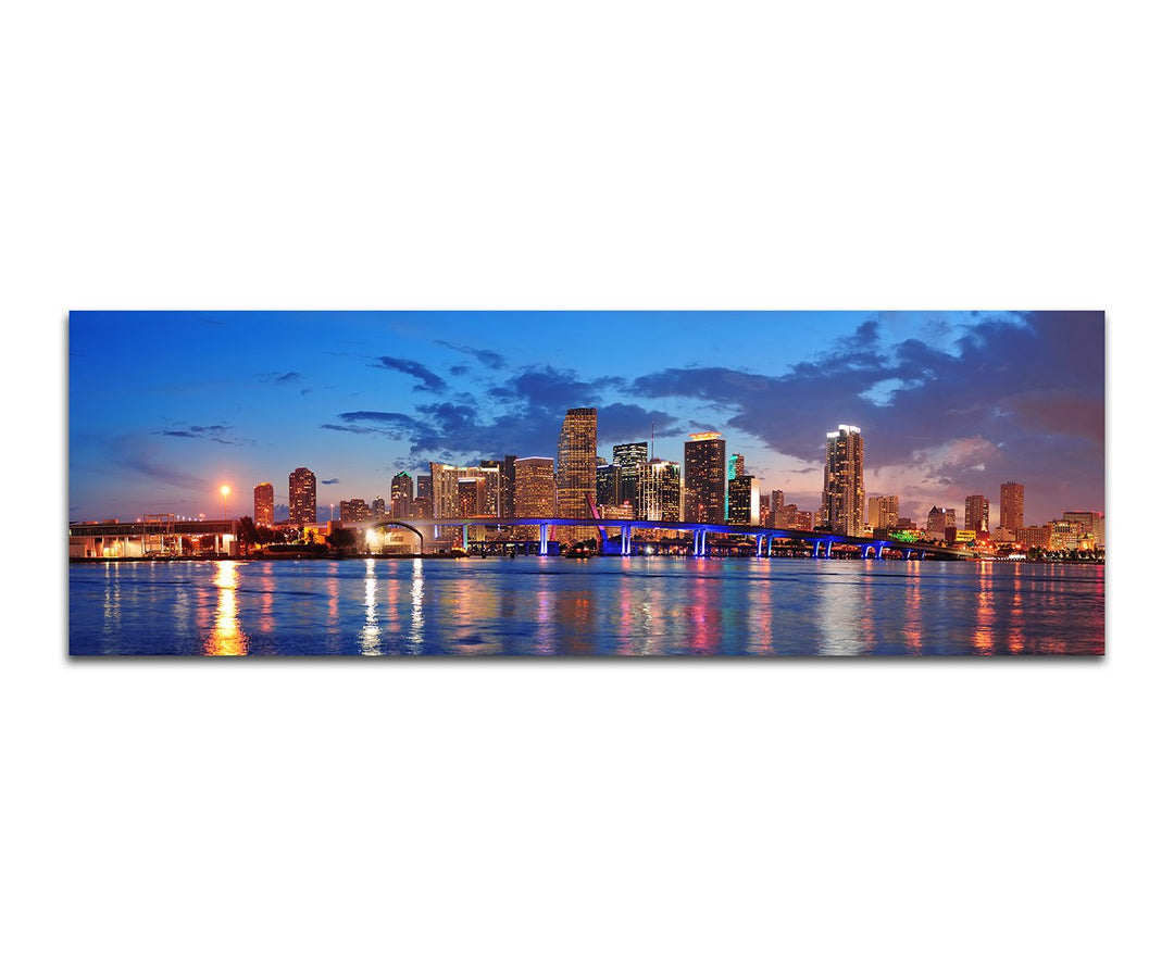 Paul Sinus Art Panoramabild auf Leinwand und Keilrahmen 150x50cm Miami Skyline Wasser Spiegelung Däm