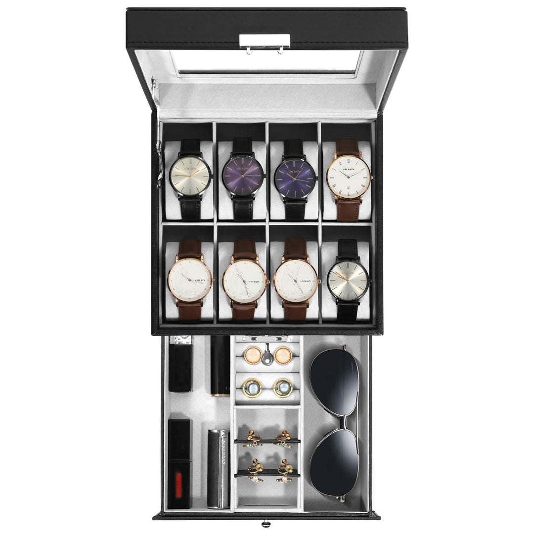 Uten Uhrenbox, 8 Fächern und 1 Schublade mit Schlüsselschloss, Glasdeckel, Schwarzes PU, Graues Samt