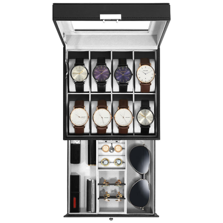 Uten Uhrenbox, 8 Fächern und 1 Schublade mit Schlüsselschloss, Glasdeckel, Schwarzes PU, Graues Samt