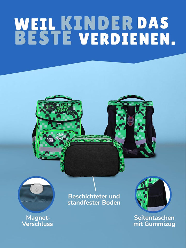 Familando Jungen Schulranzen 1. Klasse · Playworld Gaming Pixel Schultasche · ergonomisch & leicht ·