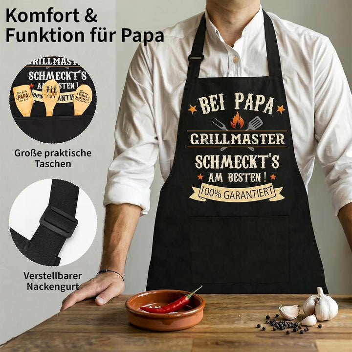 Defresit Papa Geschenk Set 5-in-1 – Lustige Grillschürze, Bambus Schneidebrett & 3 Holz Kochlöffel –