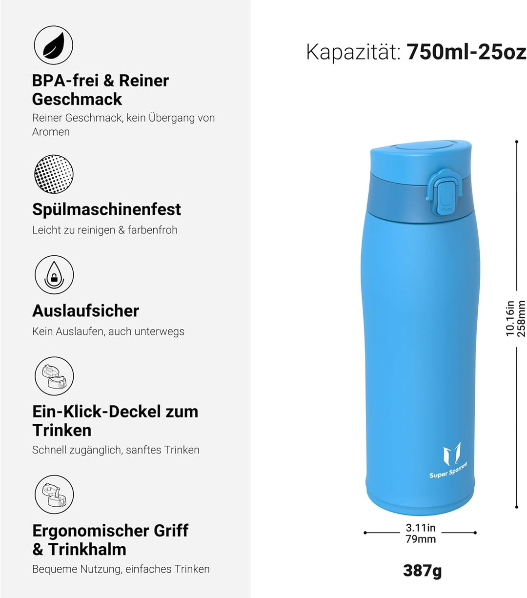 Super Sparrow Trinkflasche Edelstahl 18/8 - Trinkbecher - 750ml - BPA-Frei, Auslaufsicher Thermobech