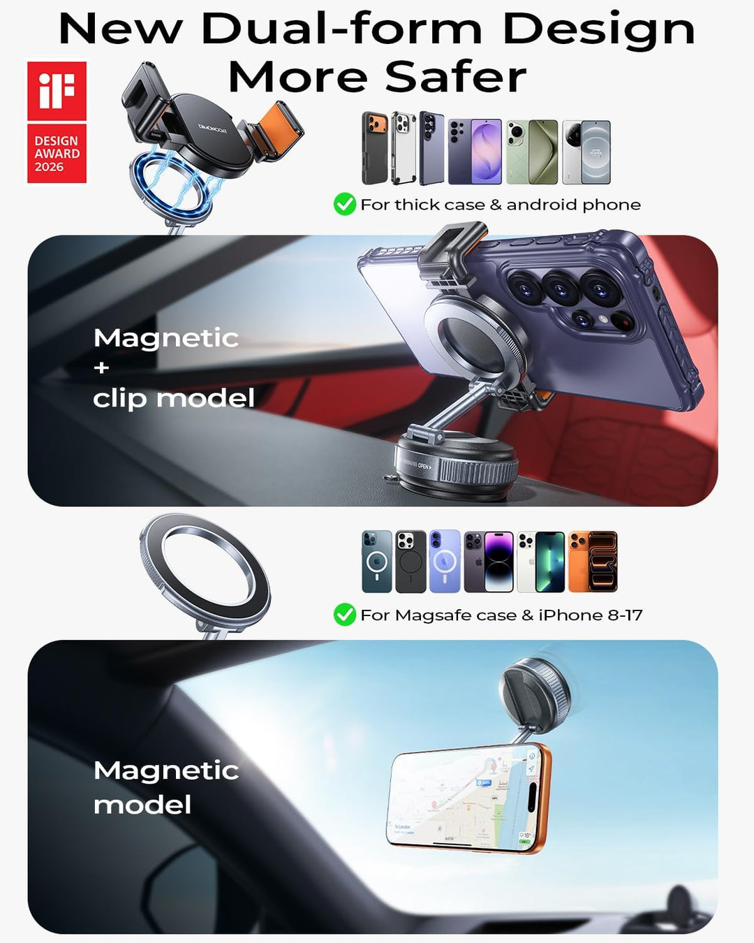 DIMONCOAT for MagSafe Handyhalterung Auto mit Saugnapf & Klemme, Extra Starker Halt für Dicke Hüllen