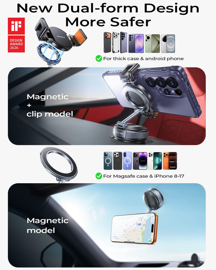 DIMONCOAT for MagSafe Handyhalterung Auto mit Saugnapf & Klemme, Extra Starker Halt für Dicke Hüllen