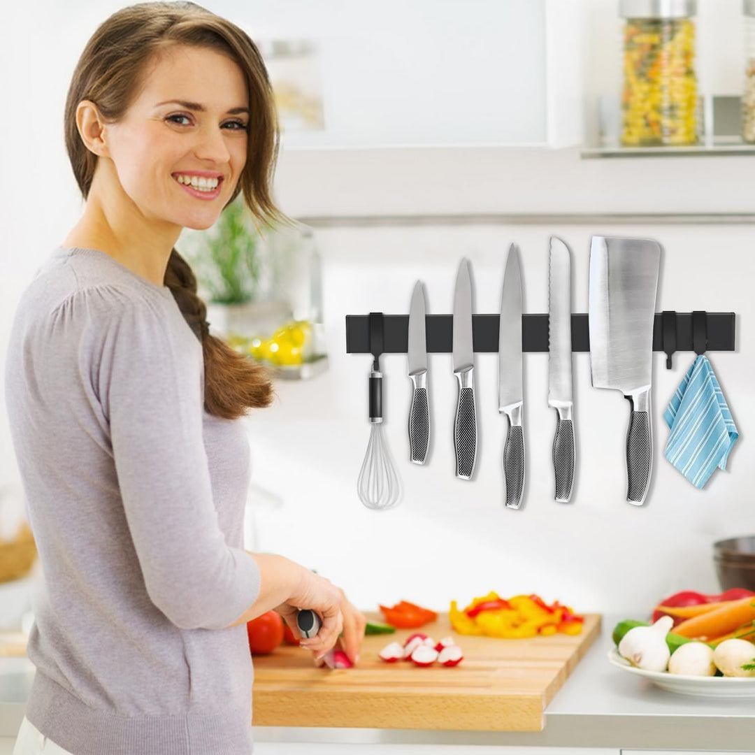 Pailexin Magnetleiste Messer mit 3 Haken, schwarz Messerhalter magnetisch ohne Bohren für die Wand,