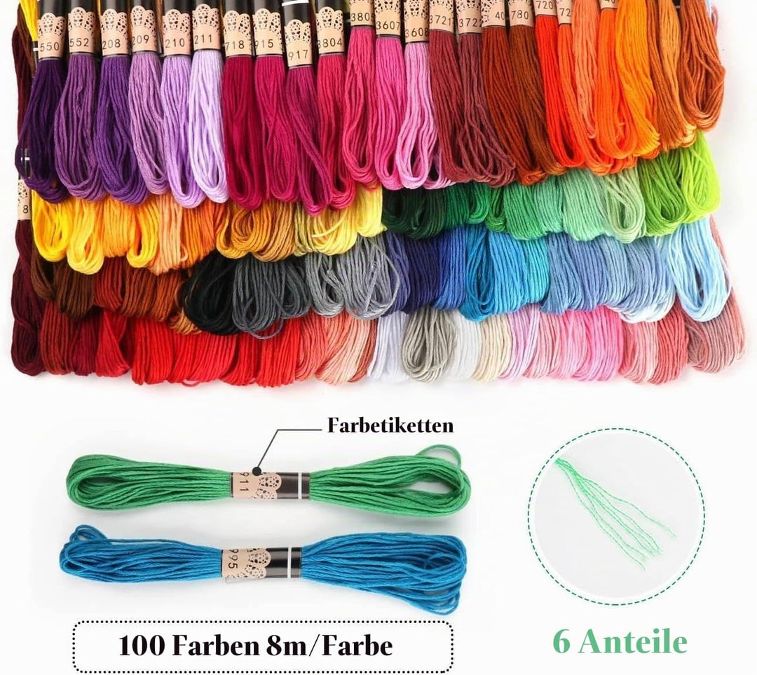 ilauke Stickgarn set 100 Farben,Kreuzstich Set mit Jutebeutel,Rahmen aus Bambus,Embroidery Floss Mul