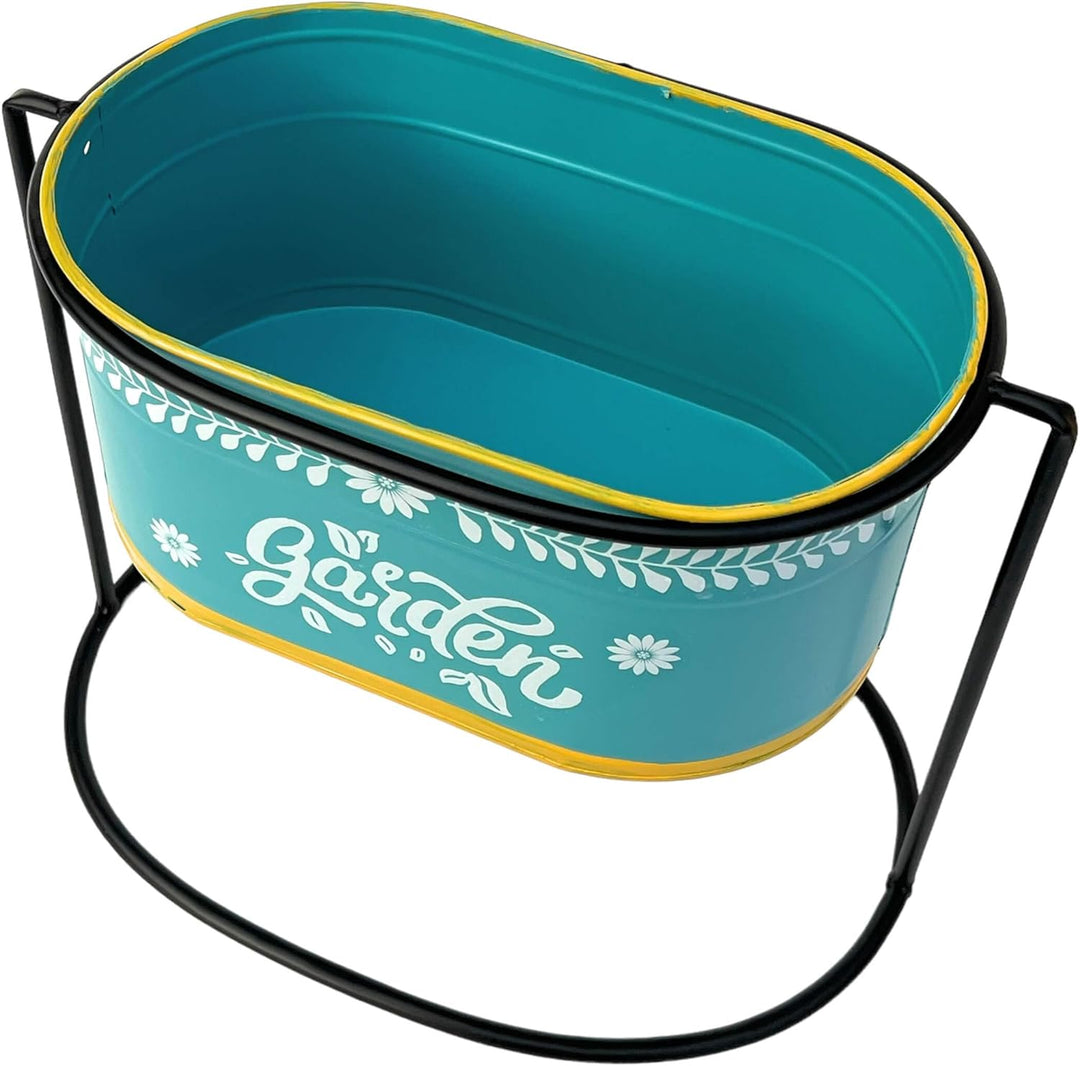DanDiBo Blumenhocker mit Topf Metall Stehend Blau Oval 27 cm Blumenständer 96526 M Blumensäule Moder