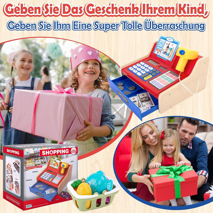 JONRRYIN Holz Kasse Kinder Spielzeug, Spielkasse Kinderkasse mit Scanner &amp; Sound, Spielgeld Einkaufs