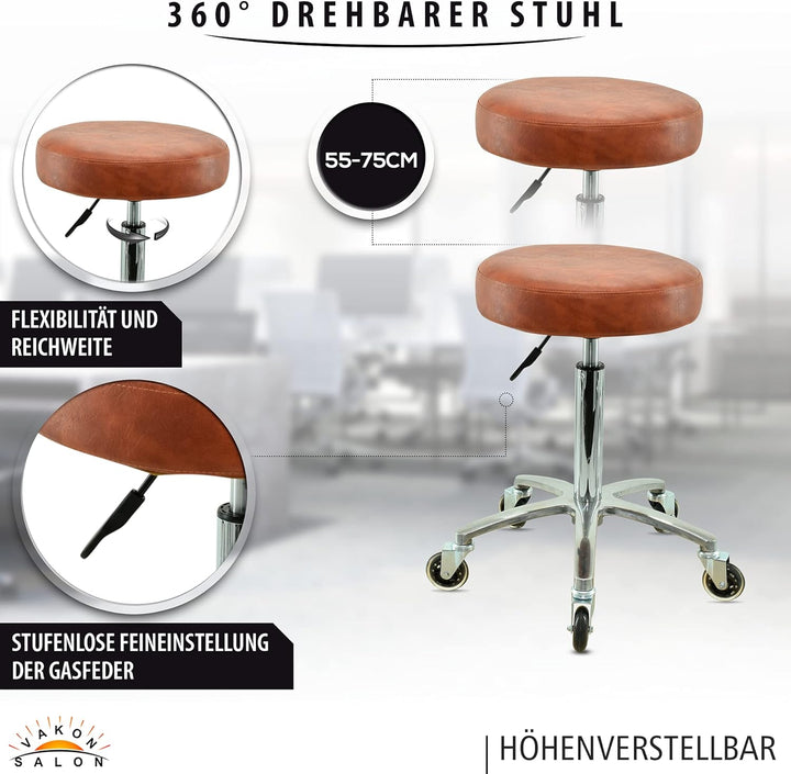 Premium Rollhocker Hellbraun höhenverstellbar von 55 bis 75 cm - Rundsitz- Drehhocker Arbeitshocker