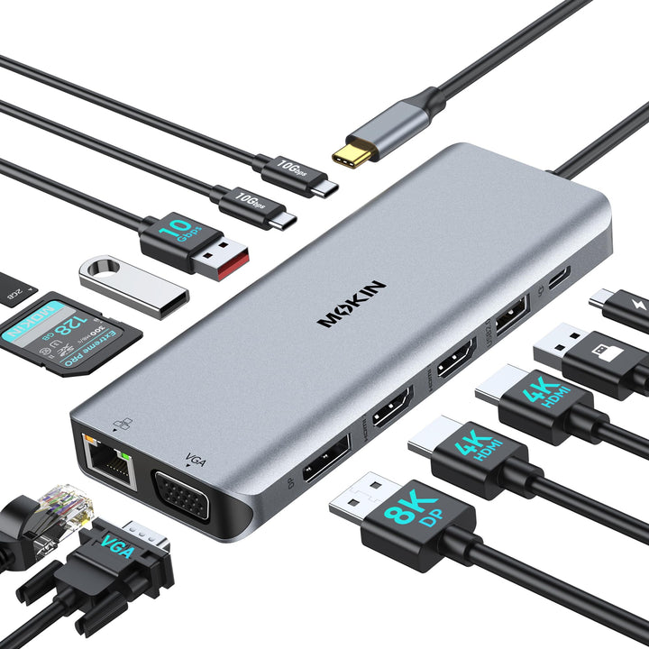 USB C Docking Station 4 Monitors, Triple Display Dock, 13 in 1 Laptop Docking Station mit 2 HDMI 4K@
