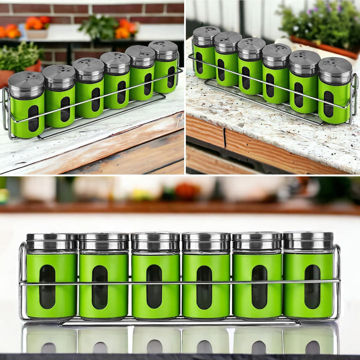 Gewürzgläser - 12er Set - inkl. 2 x Gewürzregal - Salzstreuer Pfefferstreuer aus Glas &amp; Edelstahl -