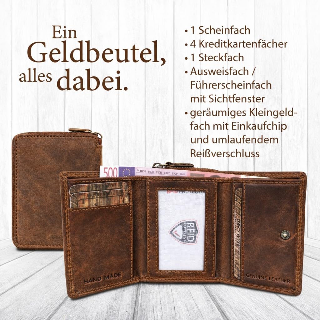 Corno d´Oro Handmade Kleines Portemonnaie Damen Leder I Mini Geldbörse Damen mit RFID Blocker und Mü