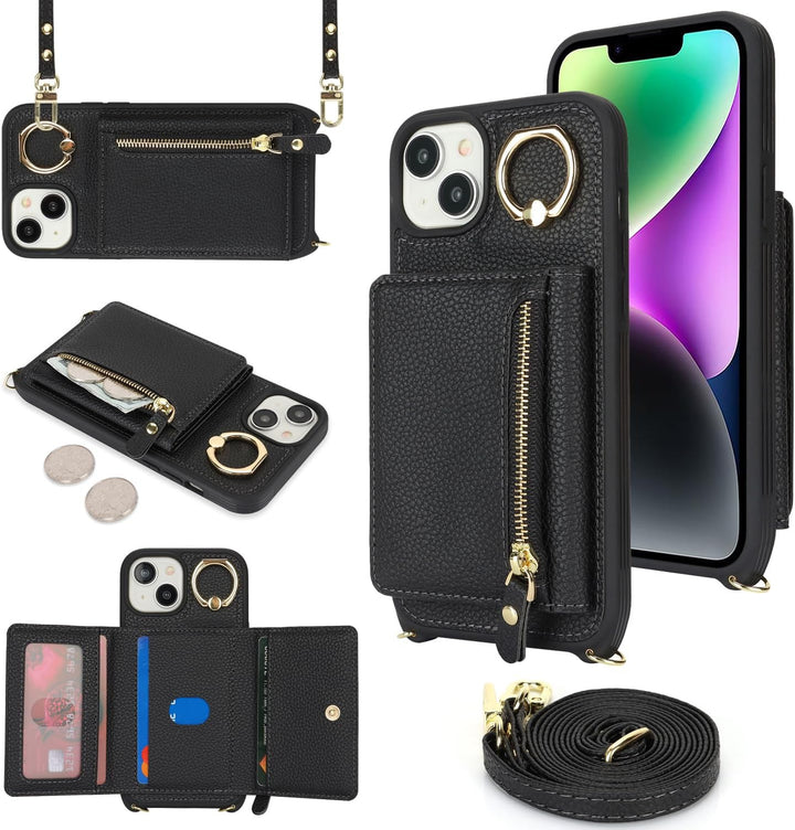 ELTEKER Handyhülle für iPhone 13 Hülle mit Band Kartenfach Handykette Ringhalterung Geldbörse,Leder