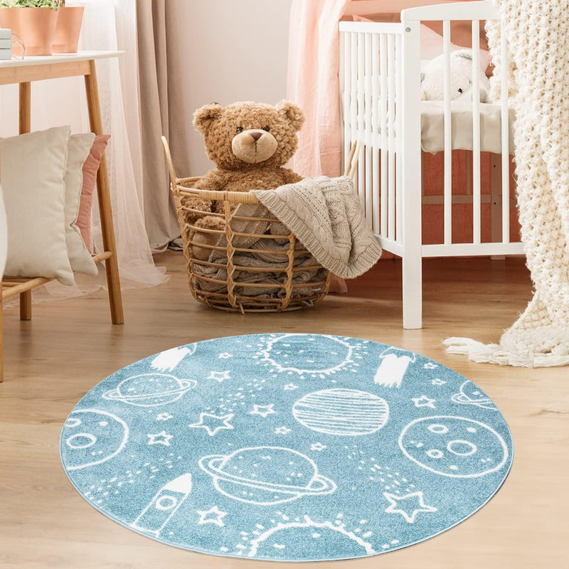 payé Teppich Kinderzimmer Rund - Blau - 120x120cm - Galaxy Unviersum Weltall Stern Rakete Spielteppi