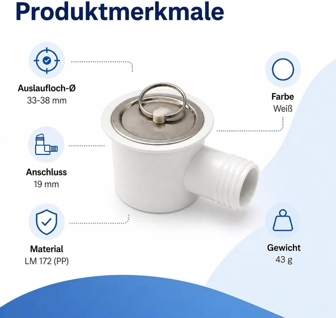 Ablaufgarnitur für SMEV-Spülen 19 mm, weiss, mit verchromtem Metallsieb und Deckel