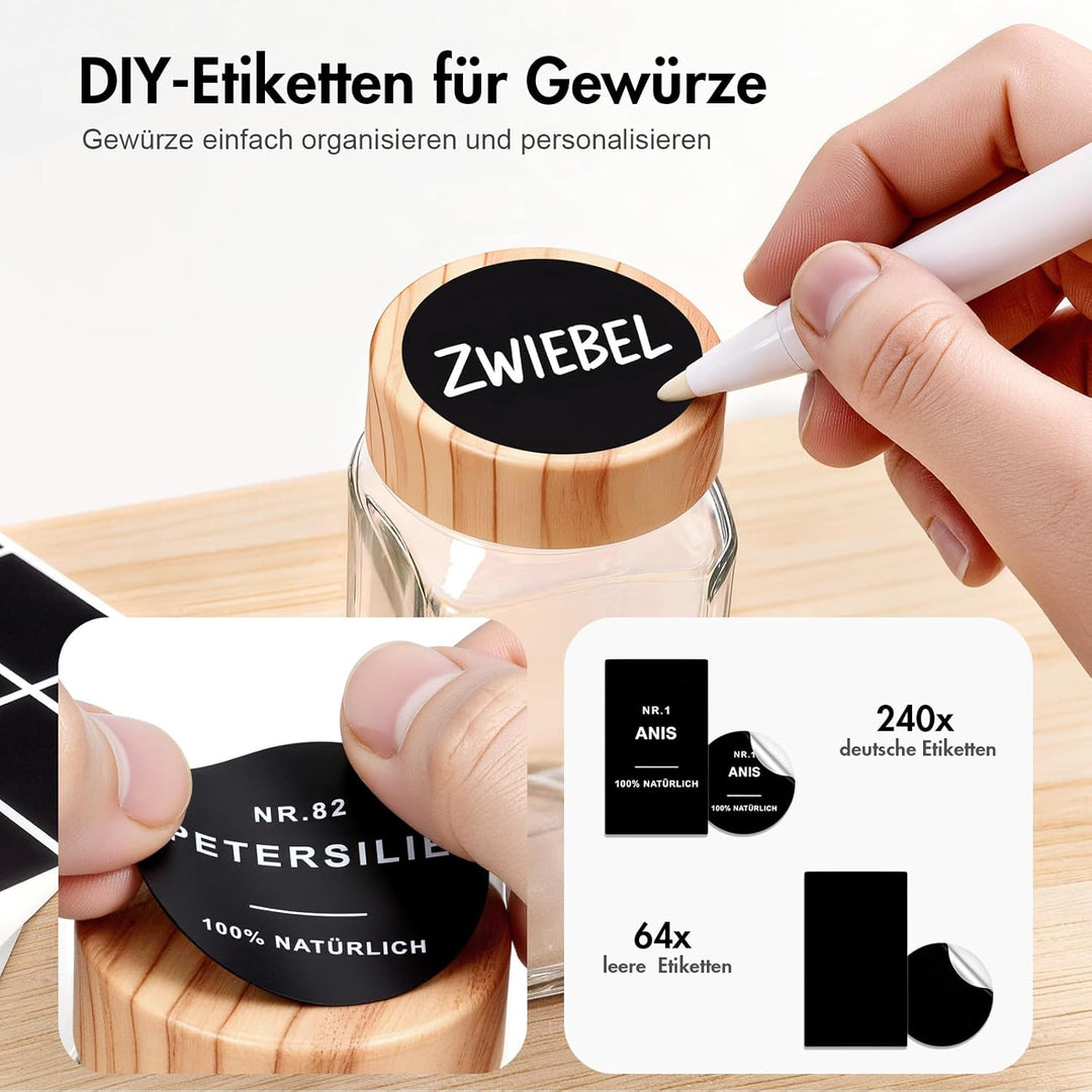 Gewürzgläser eckig mit Holzmaserung Deckel Set 24er : 120 ml Gewürzdosen Glas mit Etiketten & Streue