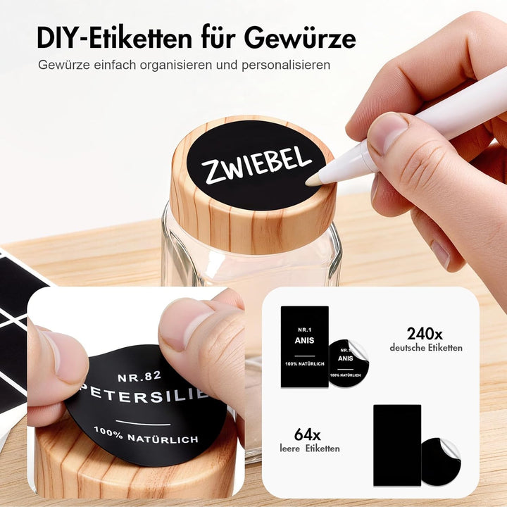 Gewürzgläser eckig mit Holzmaserung Deckel Set 24er : 120 ml Gewürzdosen Glas mit Etiketten & Streue