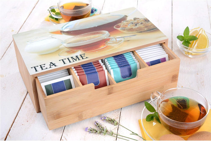 GRÄWE Teebox aus Bambus mit 4 Fächern, Teebeutelbox mit Schublade für aromageschützte Aufbewahrung v