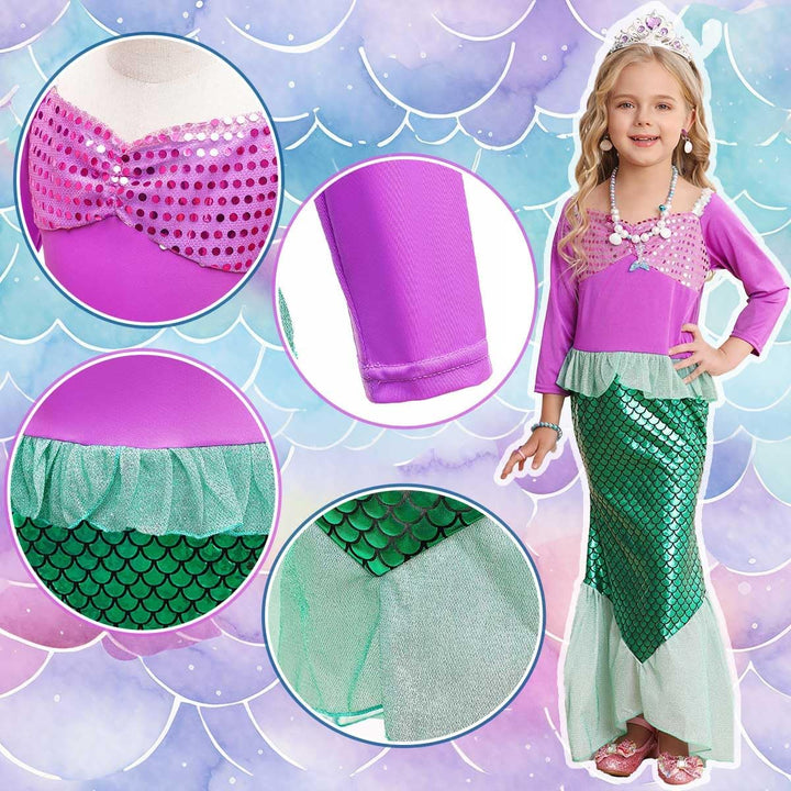 LiUiMiY Meerjungfrau Kostüm Mädchen Arielle Kleid Kinder Langarm Verkleidung Fasching Geburtstag Hal