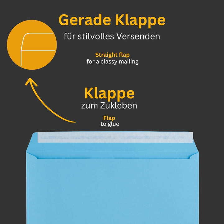 50 Stück, Farbige Briefumschläge, DIN C4, Haftklebung mit Abziehstreifen, Gerade Klappe, 130 g/qm Co