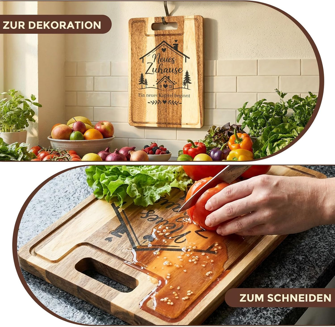 Einzugsgeschenke Wohnung - 38x28x2cm Akazienholz Schneidebrett mit Saftrille - Edles Einweihungsgesc