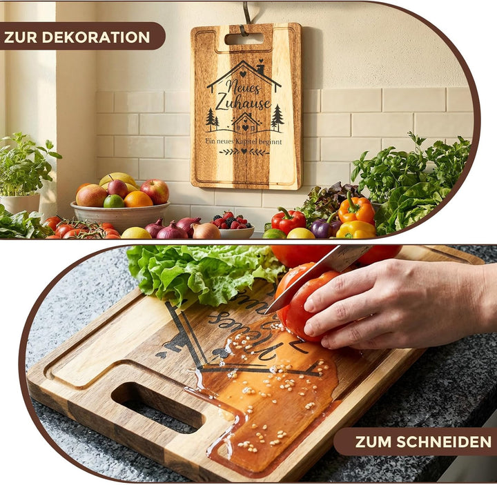 Einzugsgeschenke Wohnung - 38x28x2cm Akazienholz Schneidebrett mit Saftrille - Edles Einweihungsgesc