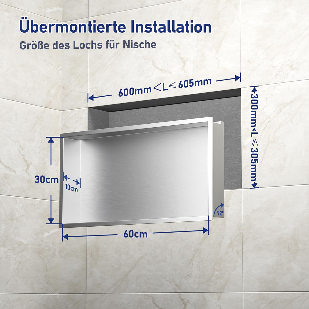 Edelstahl Duschnische 600mm X 300mm Gebürstet mit LED-Licht Wasserdicht Keine Fliesen Benötigte Wand
