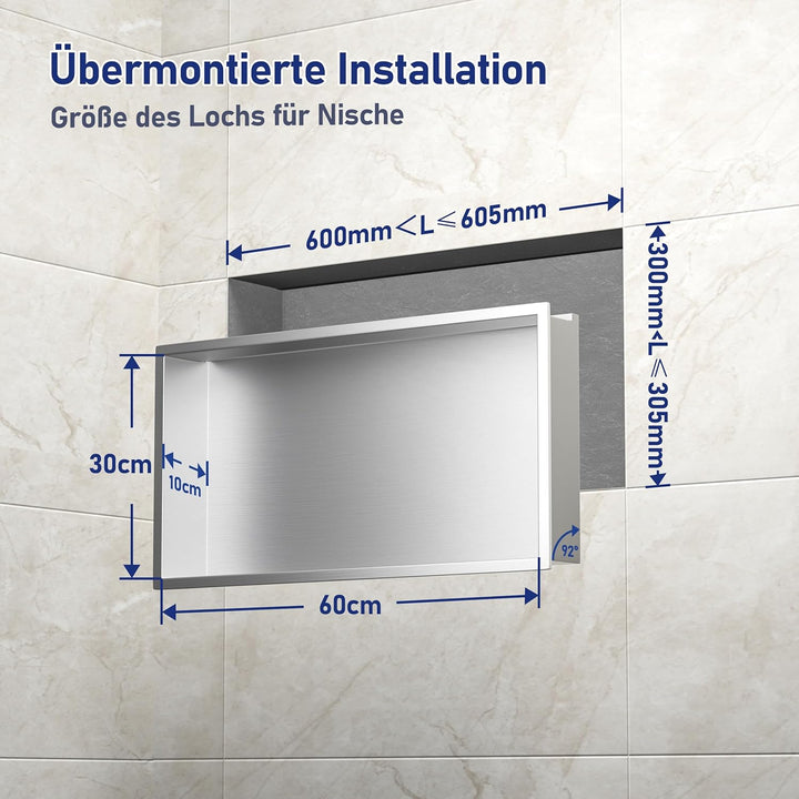 Edelstahl Duschnische 600mm X 300mm Gebürstet mit LED-Licht Wasserdicht Keine Fliesen Benötigte Wand