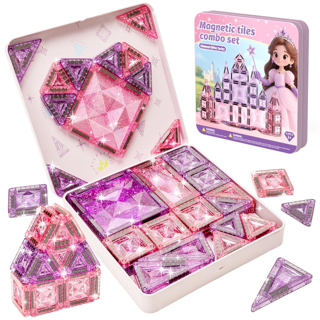 burgkidz Magnetische Bausteine Reisespielzeug für Mädchen: 42 Teile Glitzer Diamant Magnetische Tile
