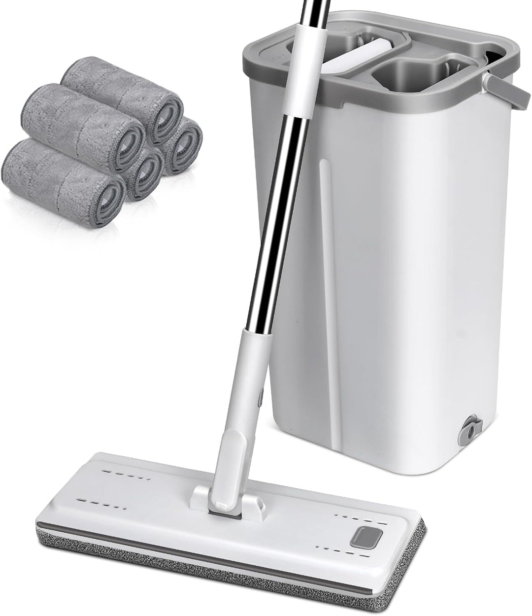 MASTERTOP Wischmopp Set mit Eimer, Flachmopp Bodenwischer mit 5 Mopp Pads und Langem Griff, 2 in 1 P